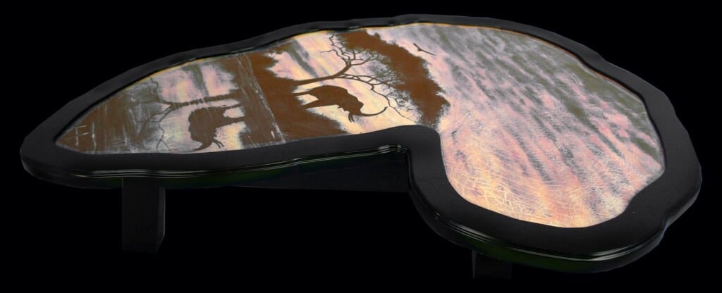 Elephant Sunset Painted on Elephant Ear Leather Table Andre Meintjes